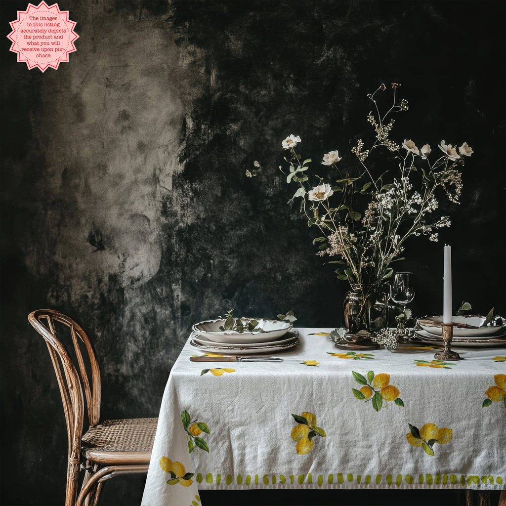 Watercolor Lemon Tablecloth – 100% Cotton Twill, Italian Summer Table Linen, Mediterranean Kitchen Decor