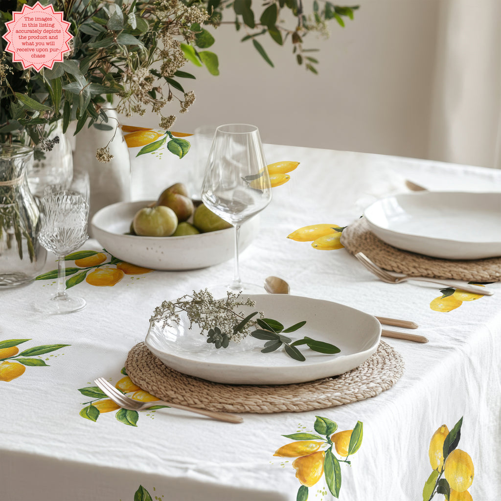Watercolor Lemon Tablecloth – 100% Cotton Twill, Italian Summer Table Linen, Mediterranean Kitchen Decor