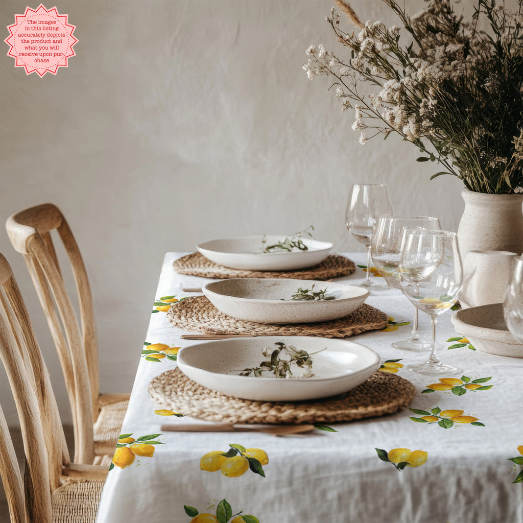 Watercolor Lemon Tablecloth – 100% Cotton Twill, Italian Summer Table Linen, Mediterranean Kitchen Decor