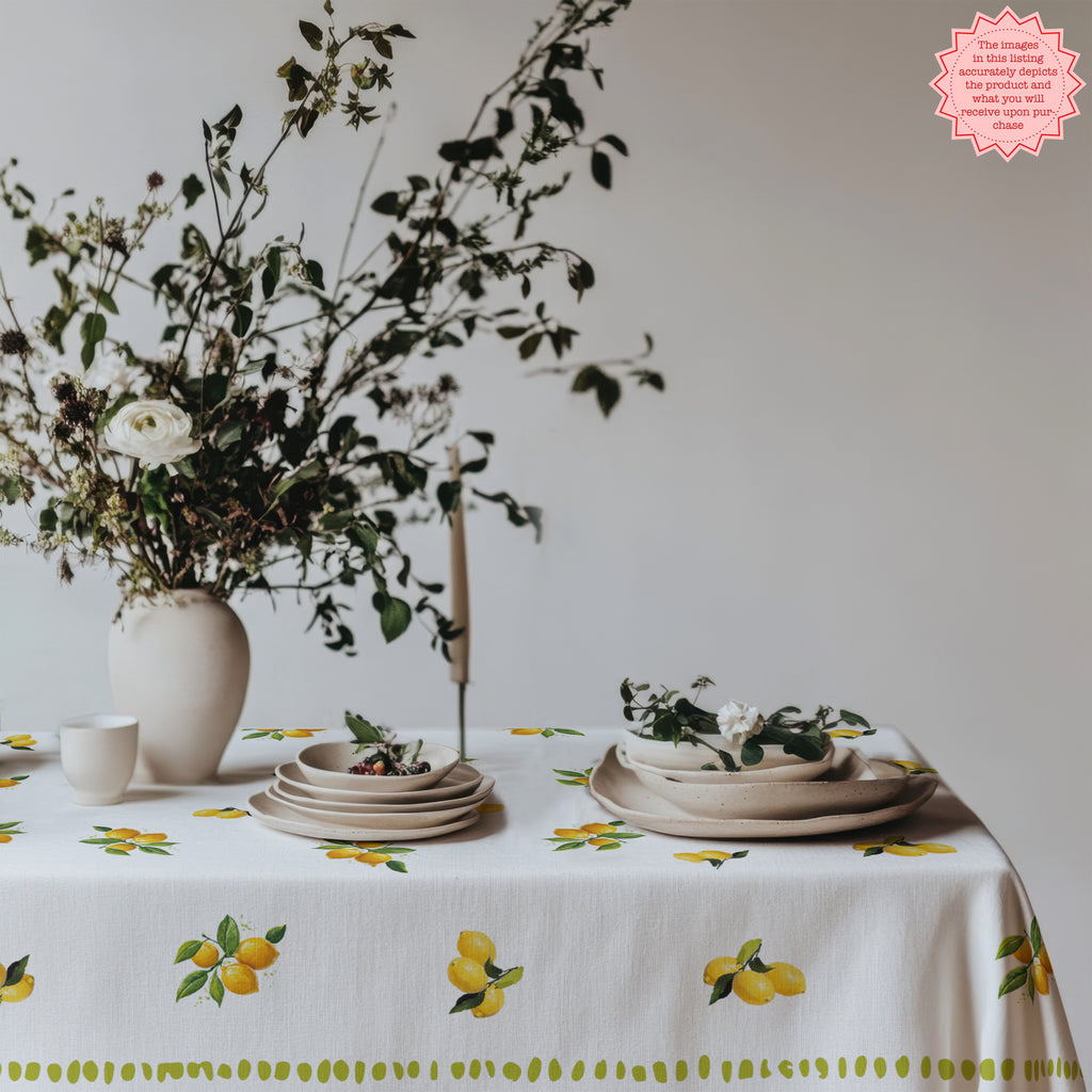 Watercolor Lemon Tablecloth – 100% Cotton Twill, Italian Summer Table Linen, Mediterranean Kitchen Decor
