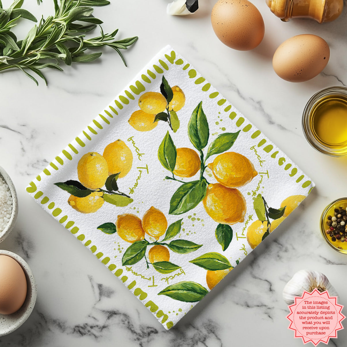 Hand-painted lemon tea towel styled on a dining table with cutlery and fresh produce