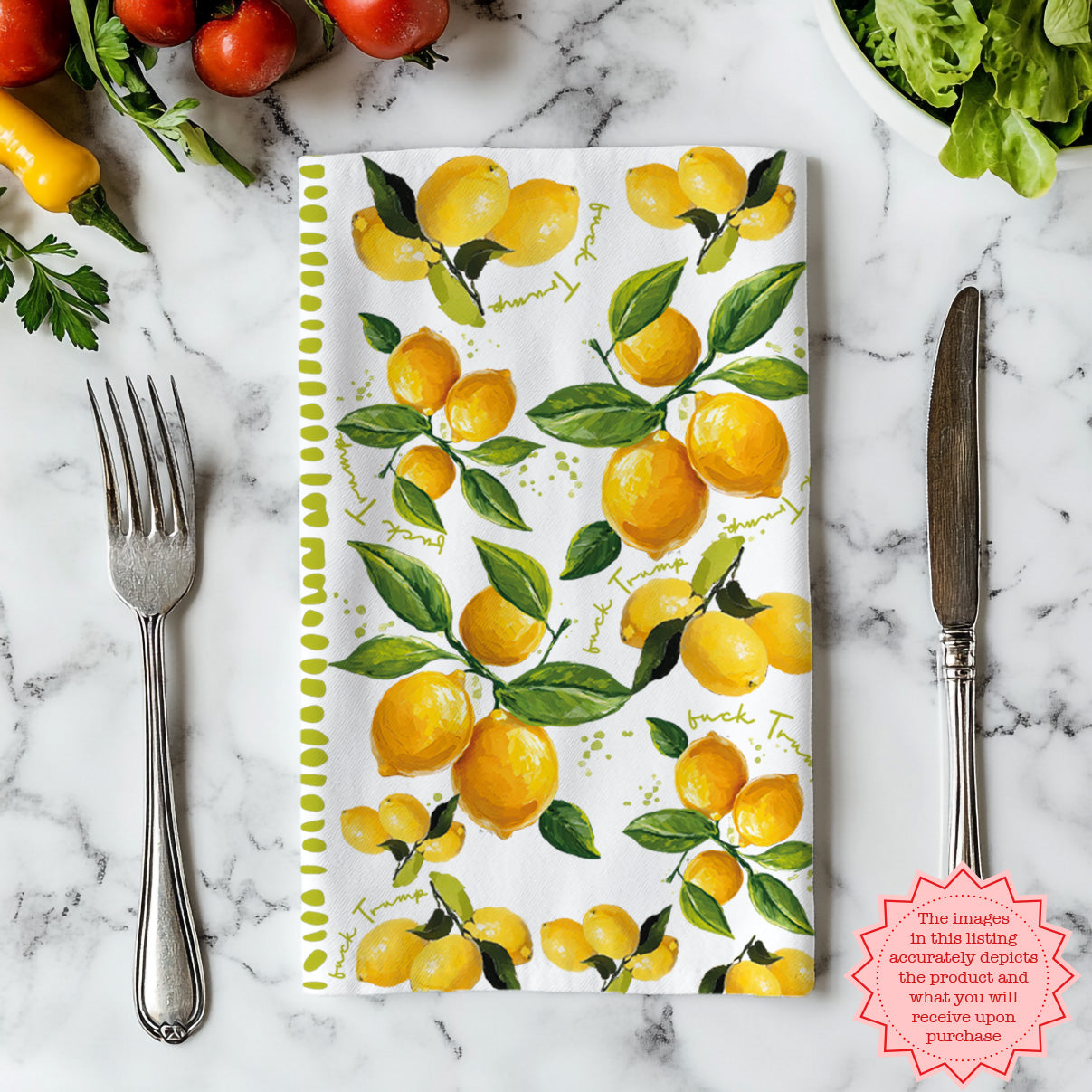 Watercolor lemon tea towel with green leaves styled with wooden cutting boards and herbs.
