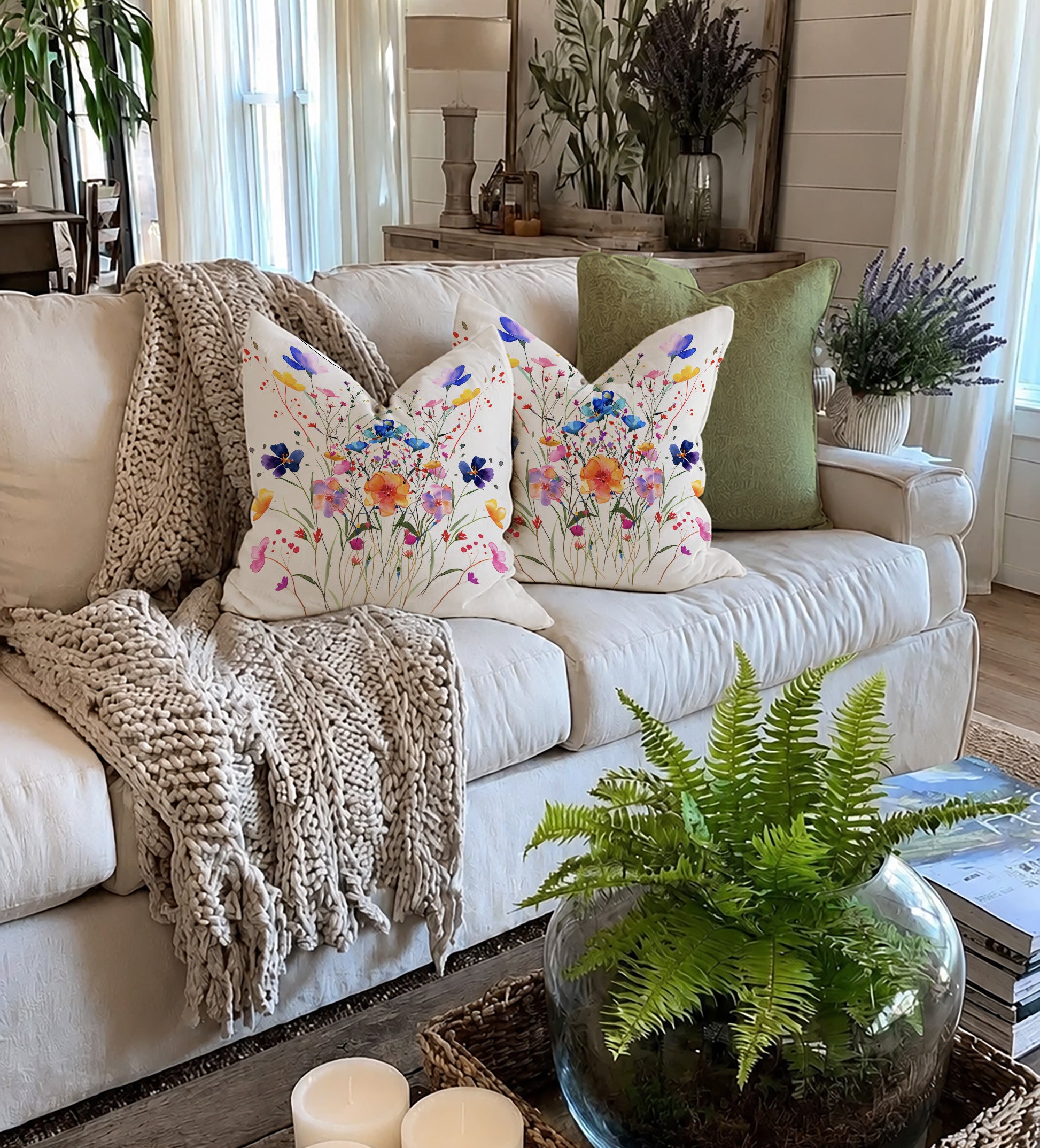 Watercolor botanical throw pillow cover featuring colorful wildflowers on a cream background, perfect for cottagecore, farmhouse, and spring home décor.