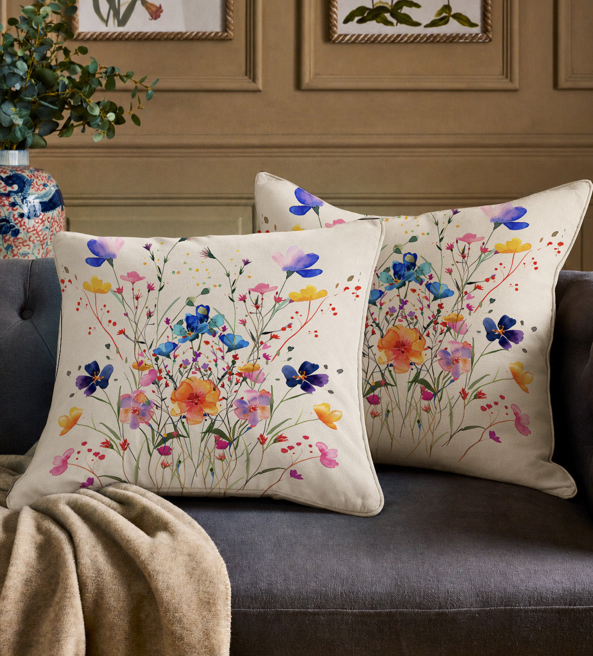 Double-sided watercolor floral cushion cover featuring vibrant wildflowers in a modern botanical design.