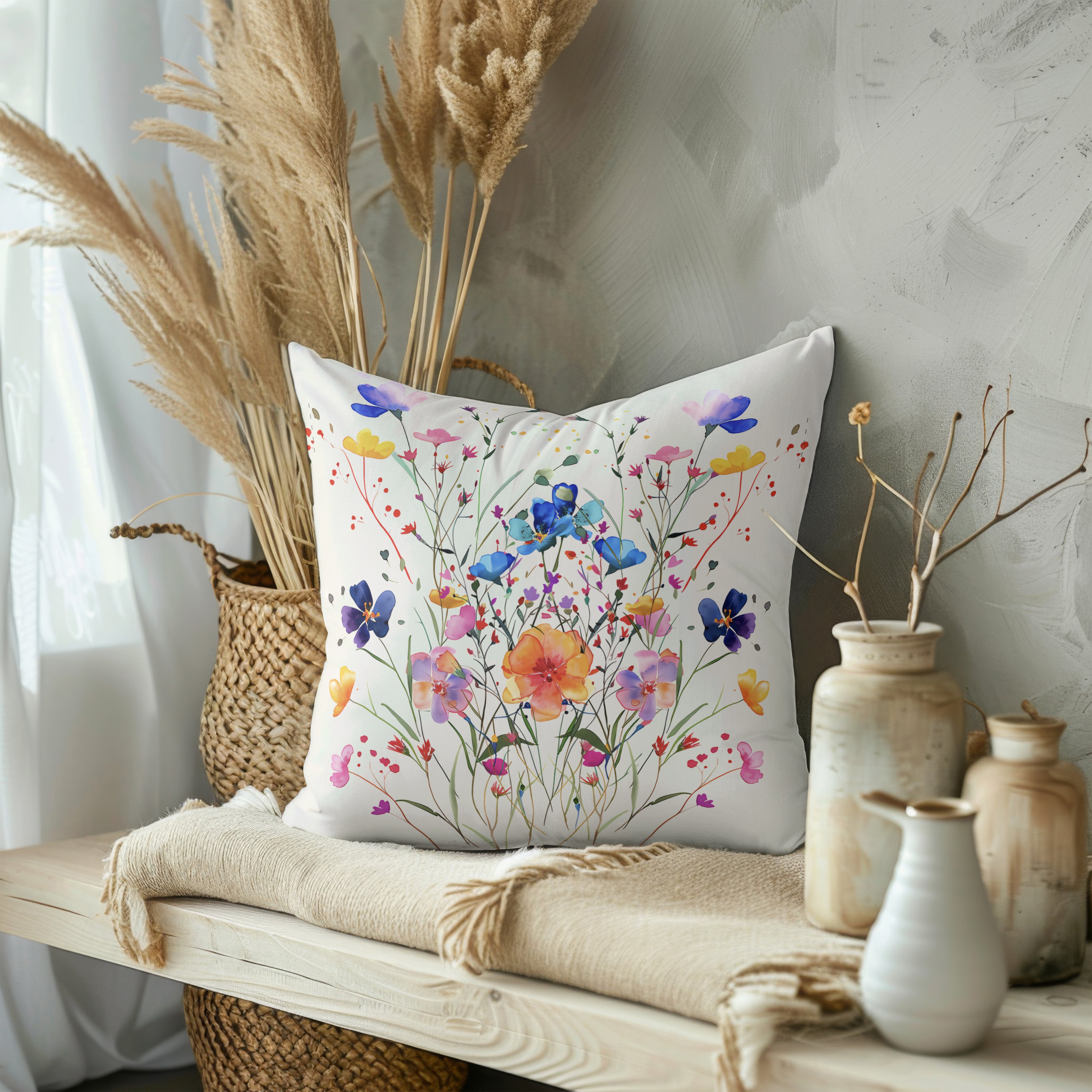 Colorful botanical throw pillow styled on a sofa with watercolor wildflower artwork and concealed zipper.