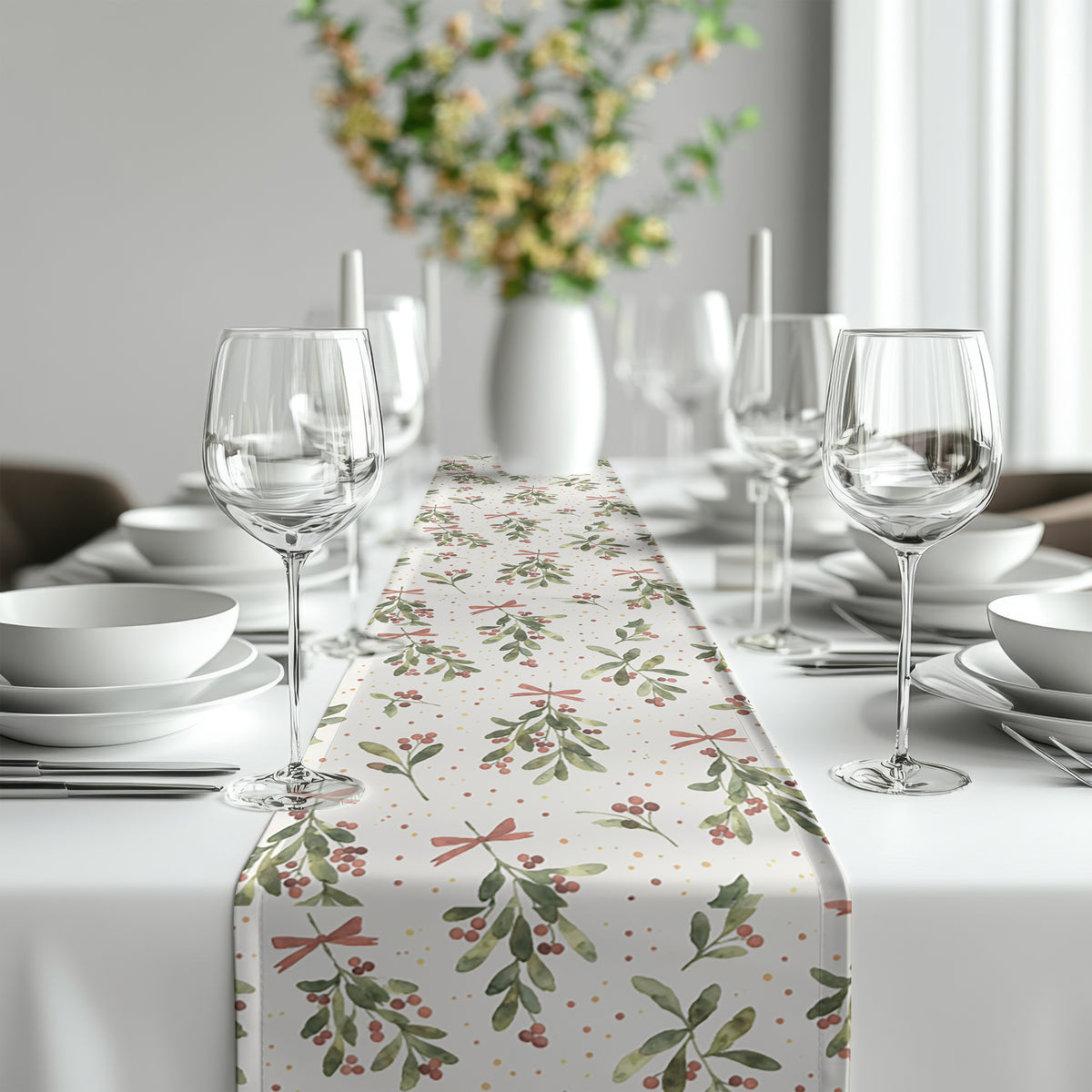 Watercolour mistletoe Christmas table runner with elegant seasonal design