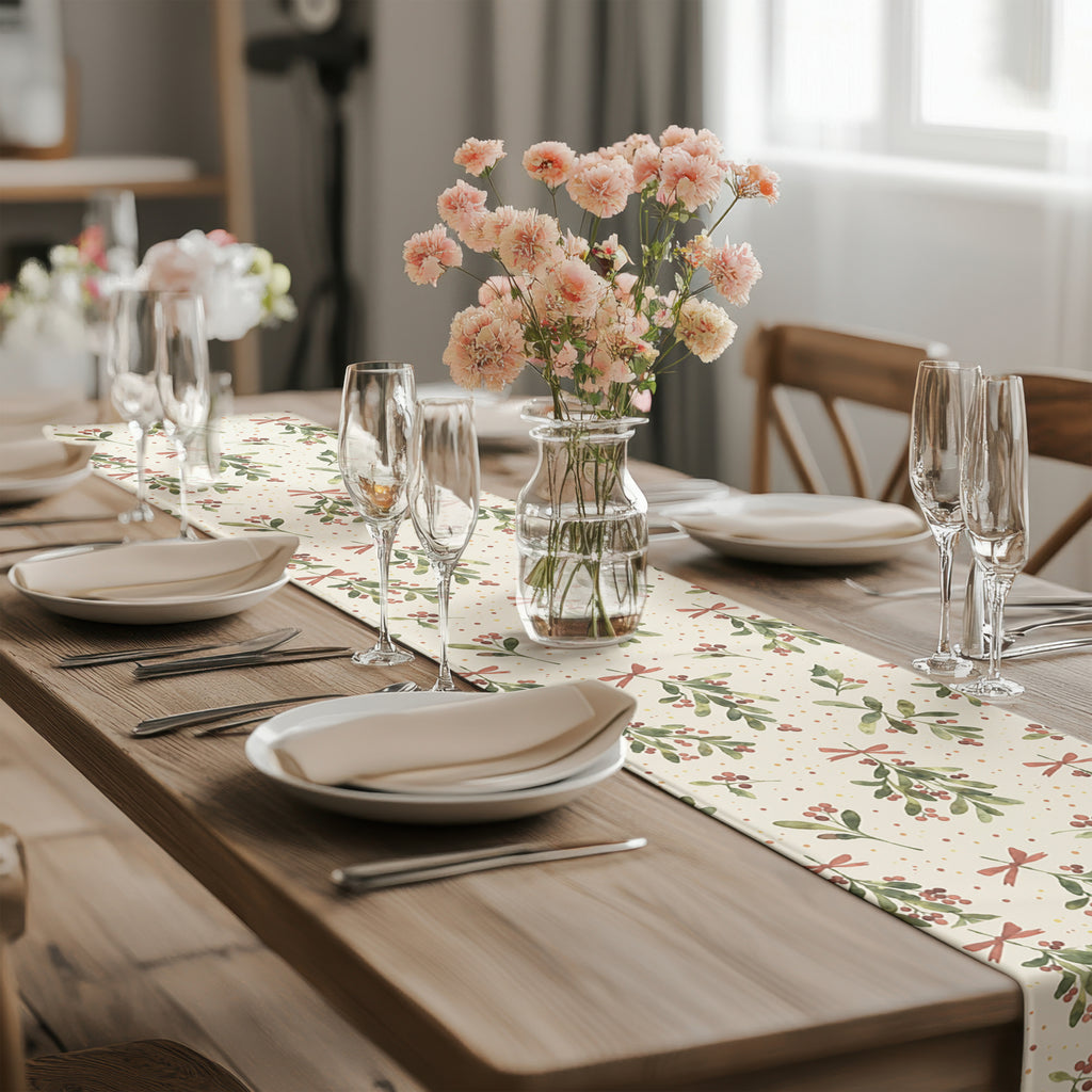 Christmas mistletoe table runner styled for a festive holiday dinner
