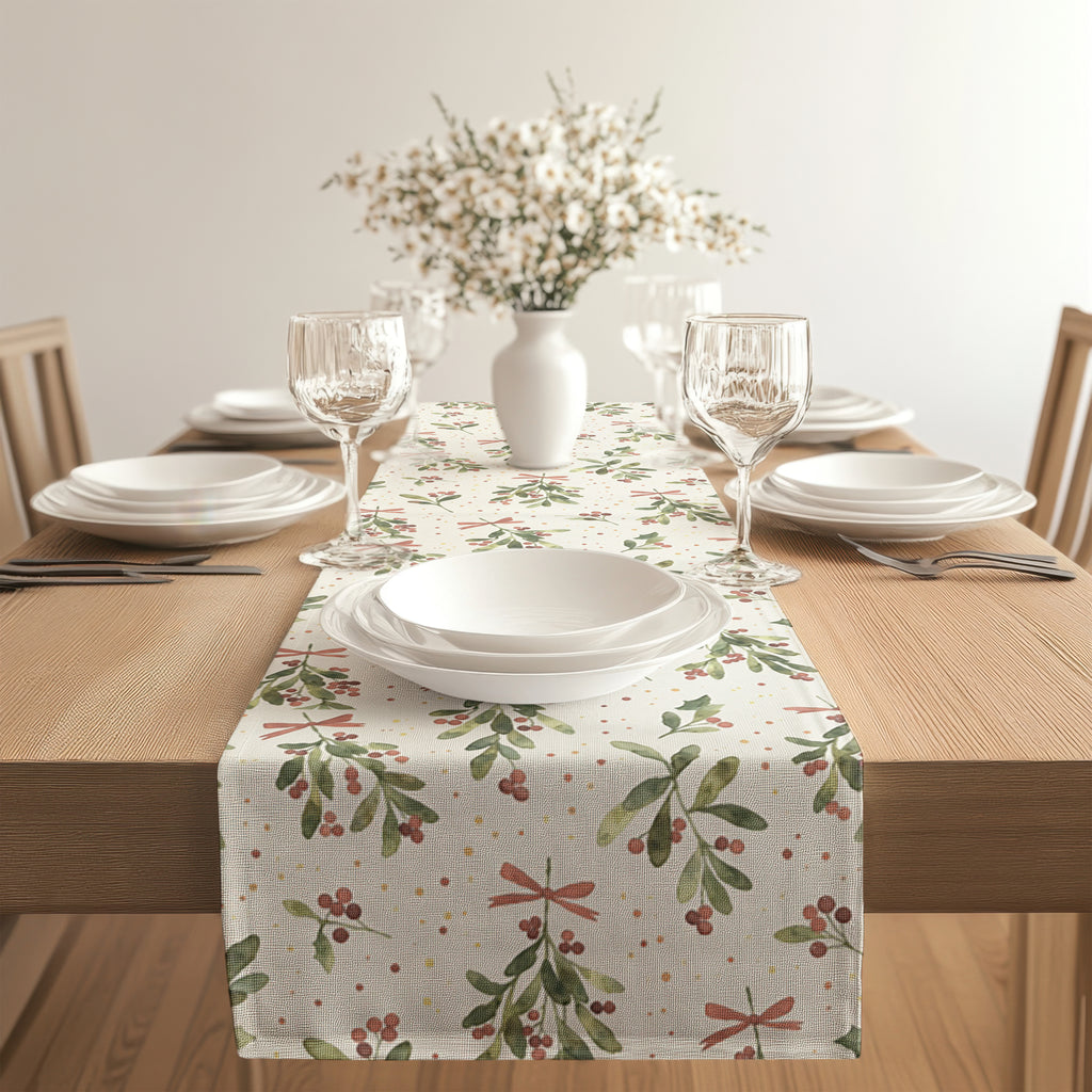 Watercolour Christmas table runner decorating a dining table for the holidays