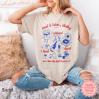 Wedding favor shirt in sand with fun graphic design, perfect for wedding celebrations with 'I Celebrated, I Drank, I Danced' text
