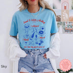 Sky blue wedding shirt with playful design 'I Celebrated, I Drank, I Danced' for wedding guests and bridesmaids