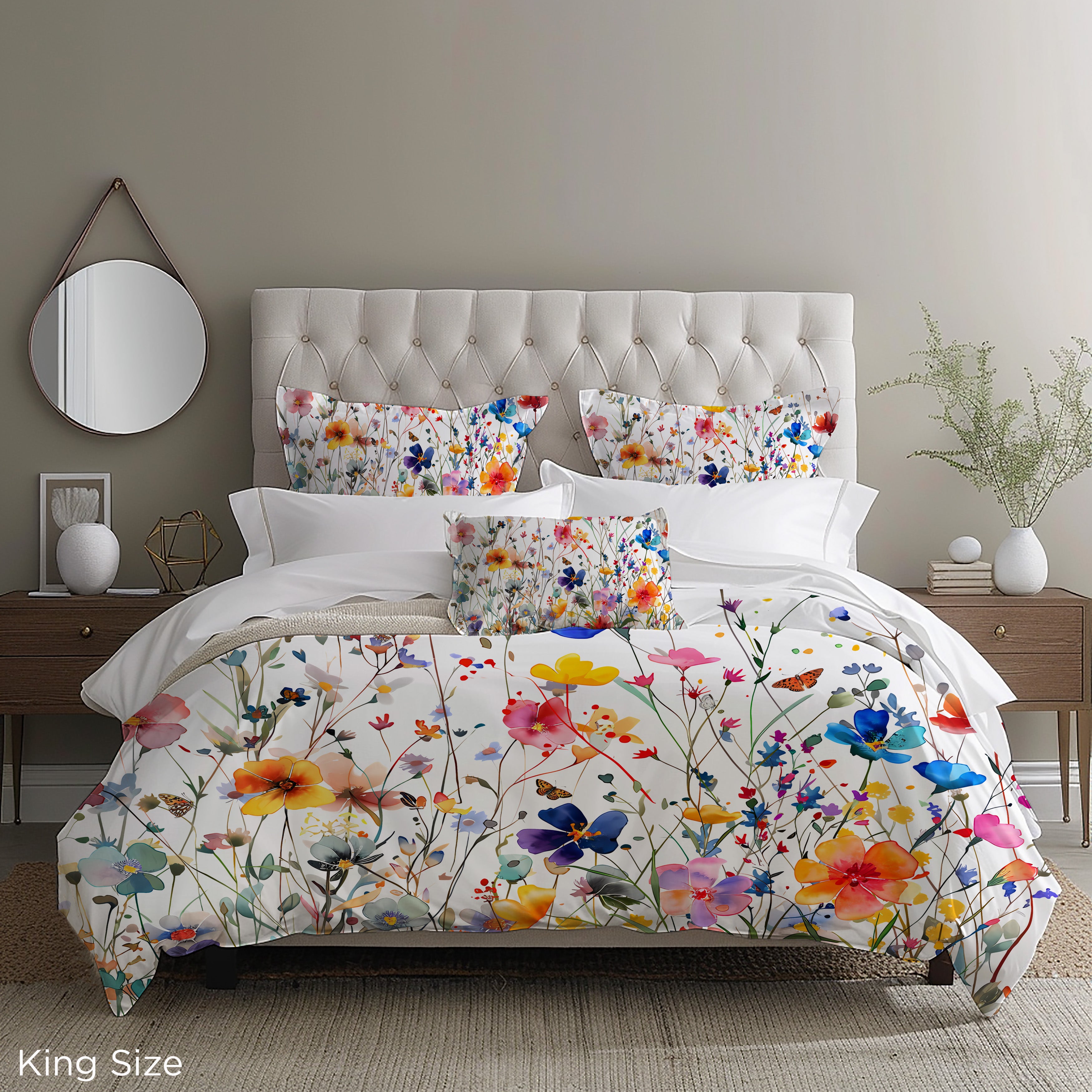 Watercolor spring wildflower duvet cover with vibrant pink and botanical floral design on white cotton sateen.