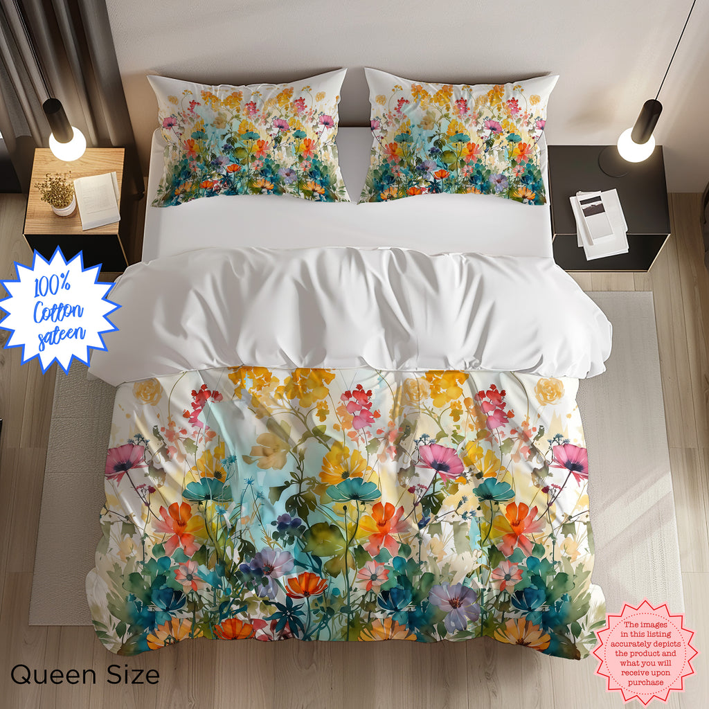 Vibrant Watercolor Wildflowers Cotton Sateen Duvet Cover – Spring Floral Bedding for King, Queen, & Twin Sizes