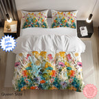 Vibrant Watercolor Wildflowers Cotton Sateen Duvet Cover – Spring Floral Bedding for King, Queen, & Twin Sizes