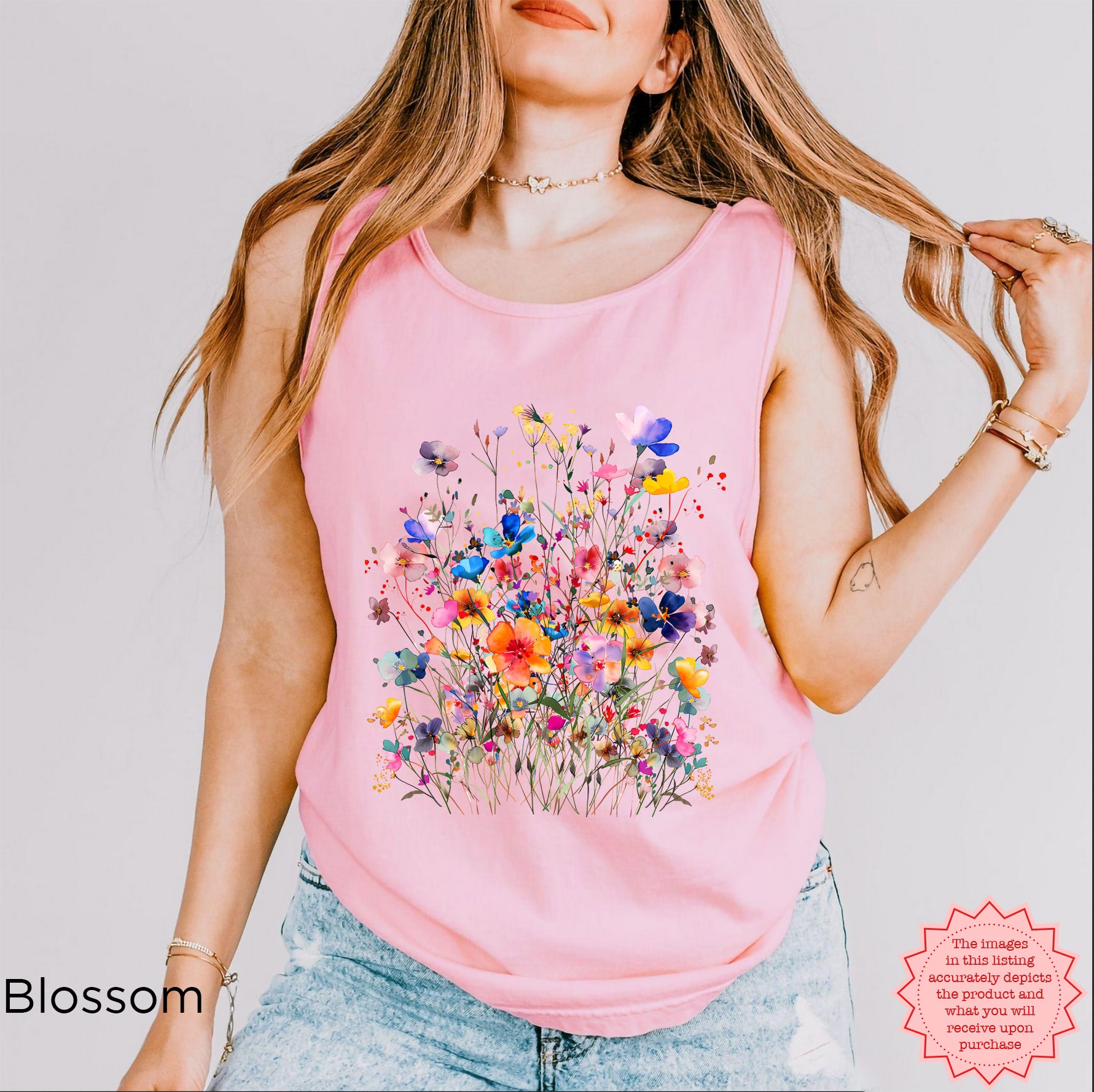 Blossom pink floral tank top with detailed watercolor wildflower print, soft botanical summer shirt for women with romantic garden-inspired style.
