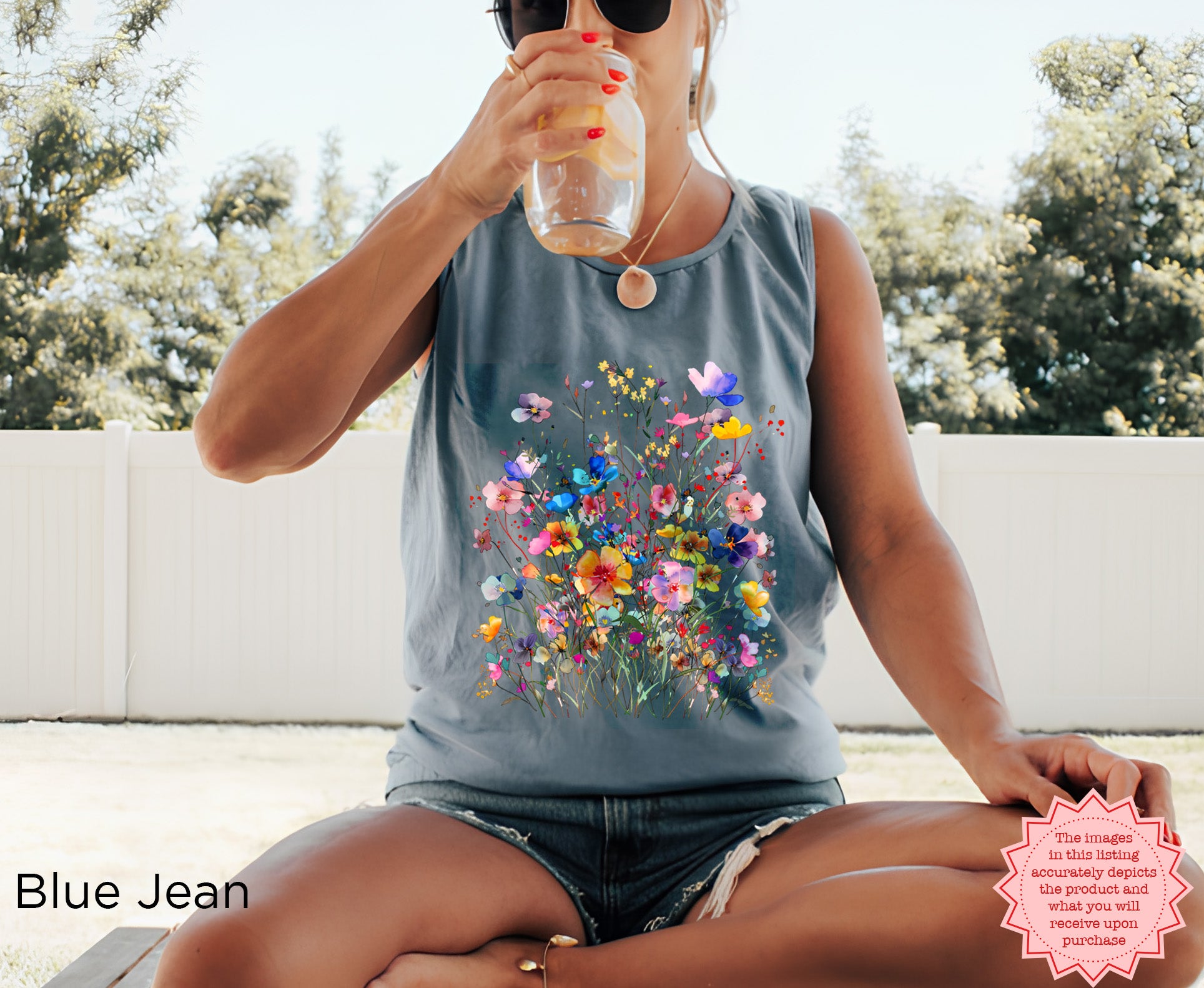 Blue Jean Comfort Colors wildflowers tank top featuring detailed watercolor floral artwork, relaxed botanical summer shirt with vintage-inspired garden aesthetic.