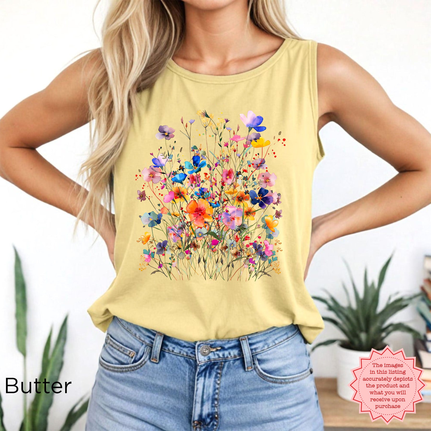 Butter yellow Comfort Colors tank top with delicate watercolor wildflower artwork, soft floral summer shirt inspired by botanical gardens and spring blooms.