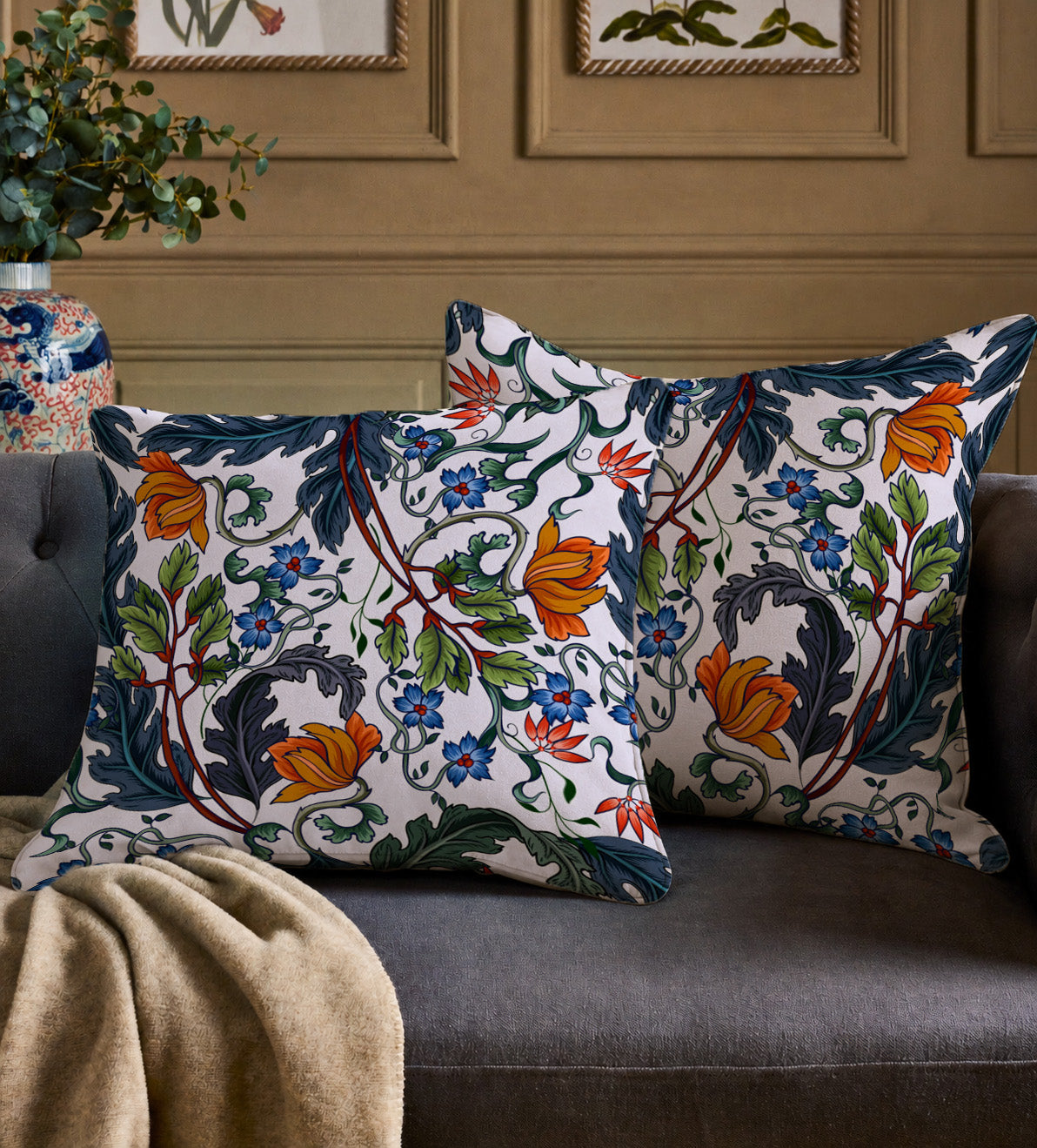 Heritage Botanical Velveteen Cushion Cover 22” x 22” – Maximalist Floral Velvet Pillow for Eclectic Interiors