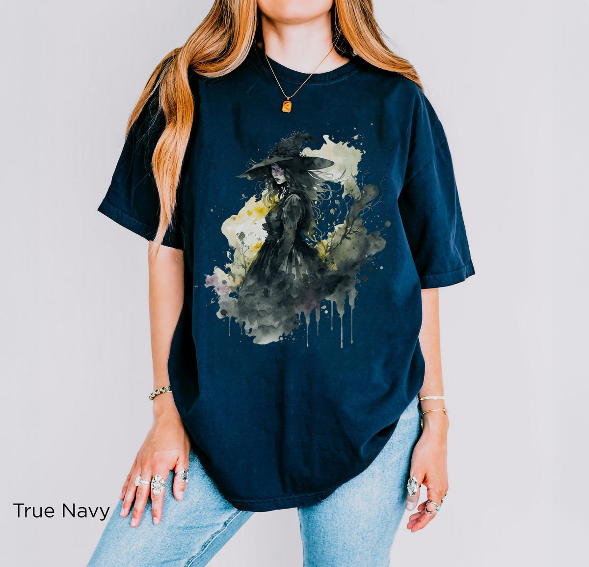 Oversized True Blue witchy graphic tee styled with casual autumn outfit for a dark feminine Halloween look