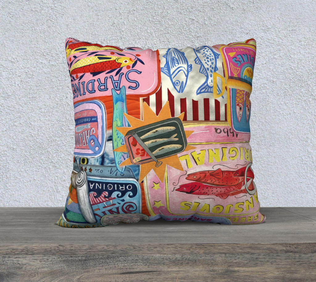Sardines Vintage-Inspired Pillow | 22"x22" Cushion for Coastal Living