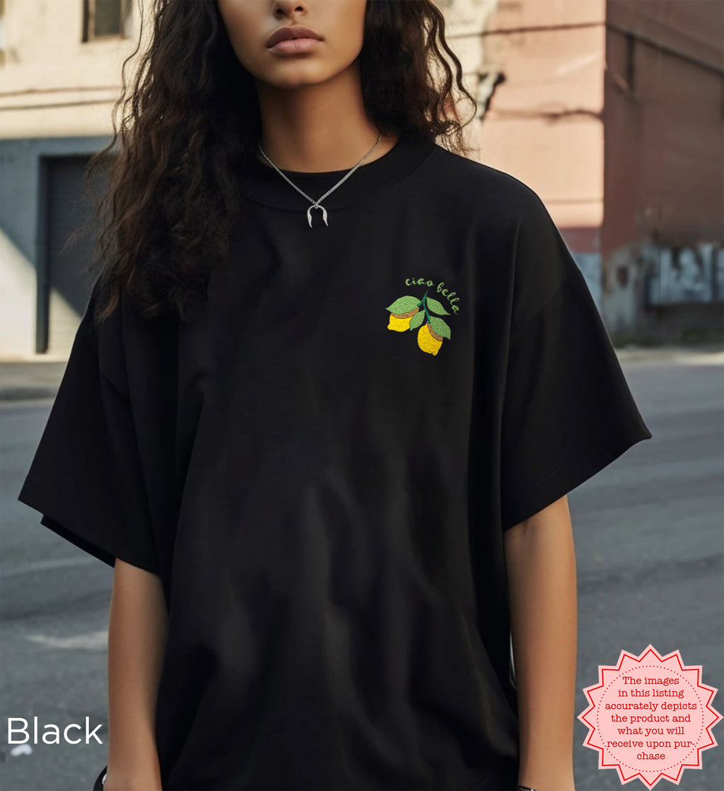 Bold black shirt with embroidered lemon and "Ciao Bella" design, perfect for adding a playful touch to your wardrobe.