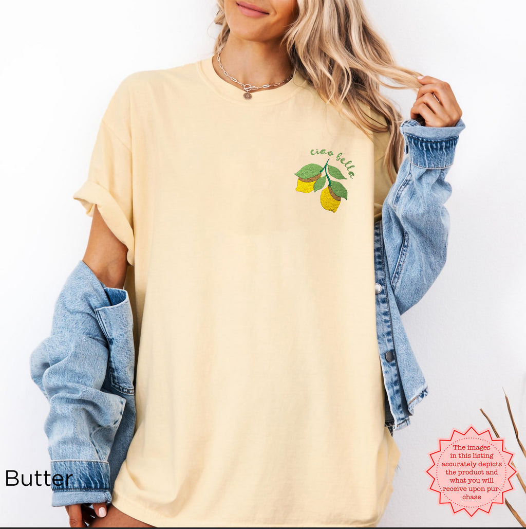 Bright and cheerful lemon embroidery shirt in butter yellow, adding fun and sunshine to your wardrobe.