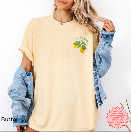 Bright and cheerful lemon embroidery shirt in butter yellow, adding fun and sunshine to your wardrobe.