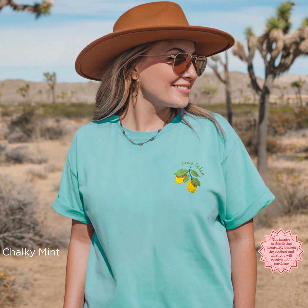 Cute and stylish citrus graphic tee with "Ciao Bella" embroidery, perfect for summer.