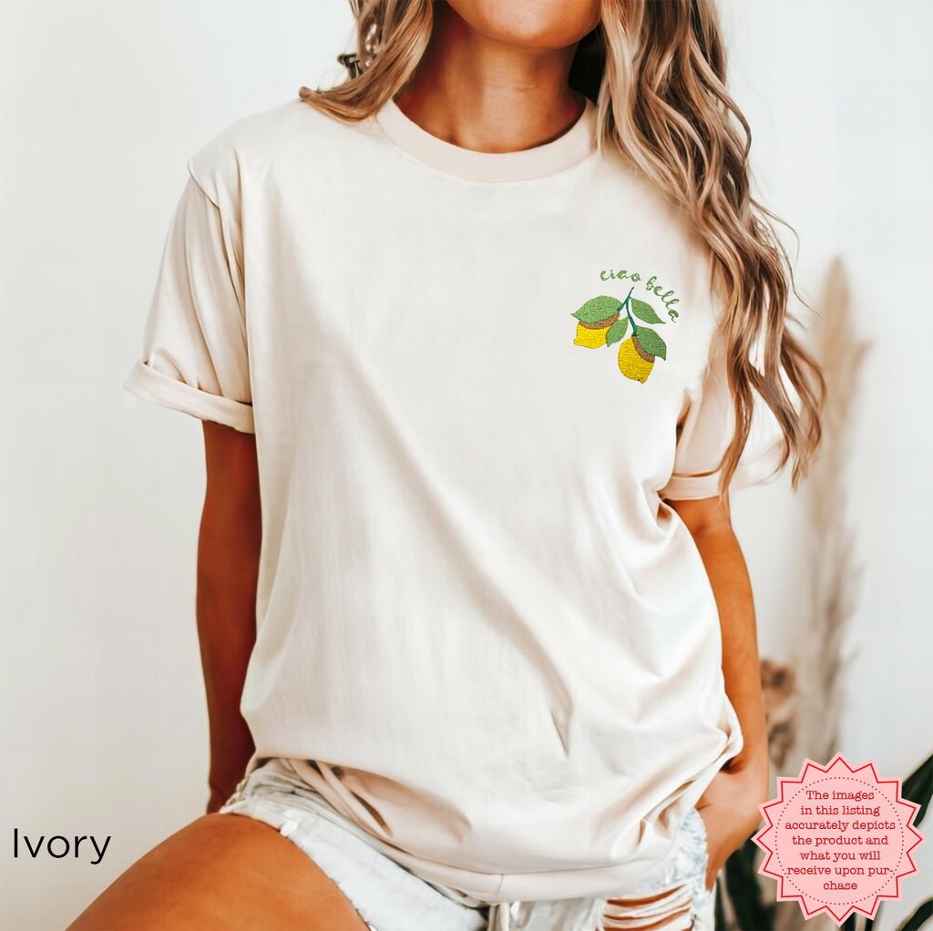 Trendy and comfortable embroidered lemon design shirt with a summery vibe.