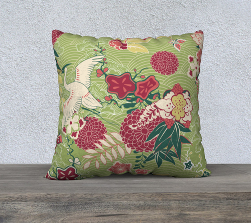 Elegant Green Oriental Floral Throw Pillow – 22"x22"