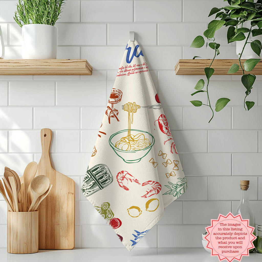 Italian Market Tea Towel – Cotton Kitchen Towel with Sardines & Lobster | Amalfi Coast Inspired, Fun Foodie Gift