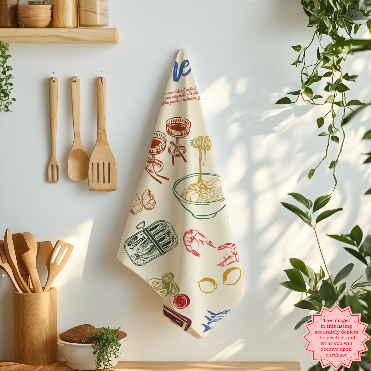 Italian Market Tea Towel – Cotton Kitchen Towel with Sardines & Lobster | Amalfi Coast Inspired, Fun Foodie Gift