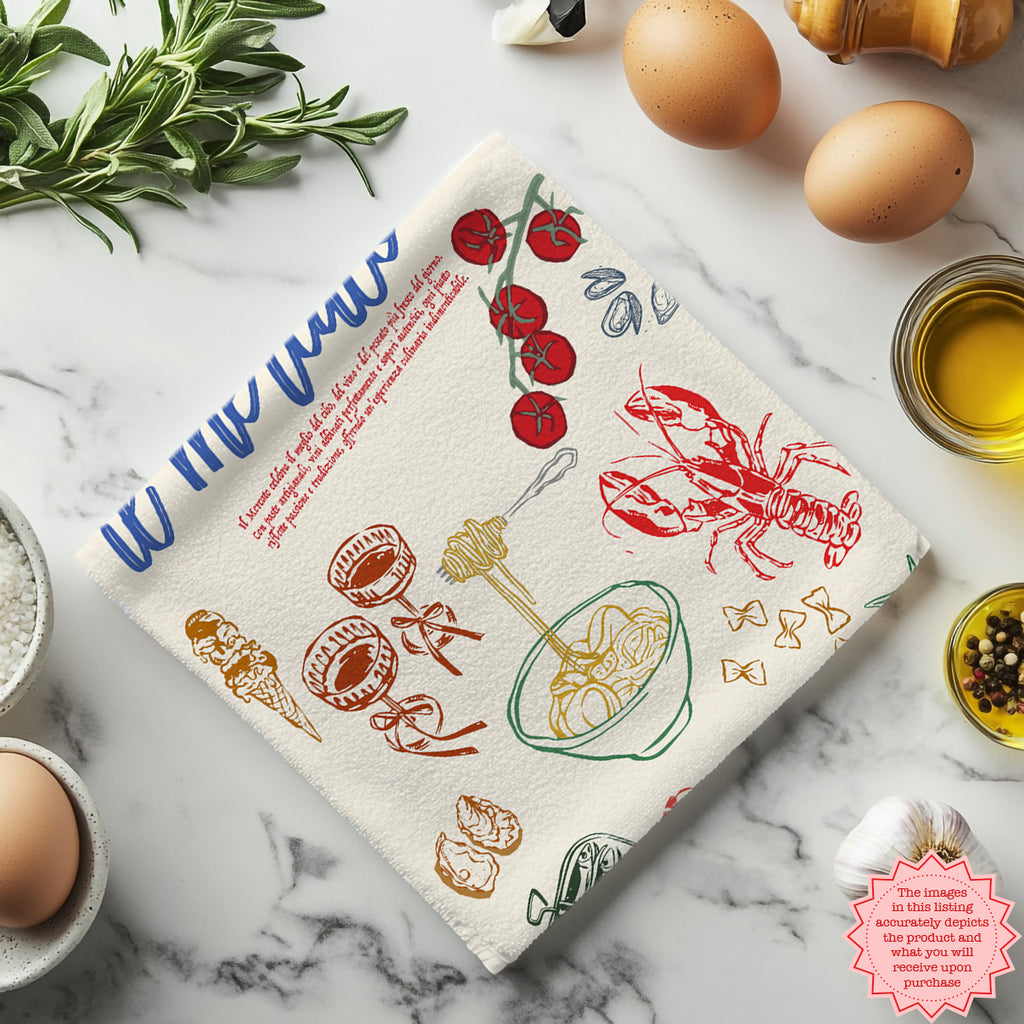 Italian Market Tea Towel – Cotton Kitchen Towel with Sardines & Lobster | Amalfi Coast Inspired, Fun Foodie Gift