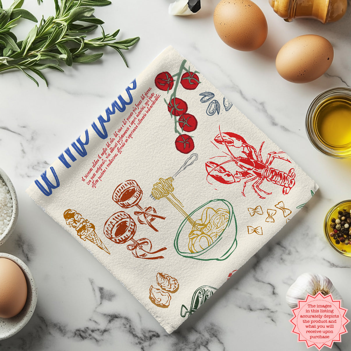Italian Market Tea Towel – Cotton Kitchen Towel with Sardines & Lobster | Amalfi Coast Inspired, Fun Foodie Gift
