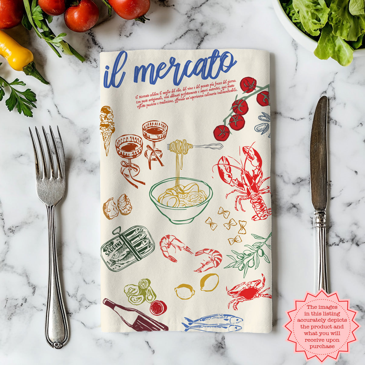 Italian Market Tea Towel – Cotton Kitchen Towel with Sardines & Lobster | Amalfi Coast Inspired, Fun Foodie Gift