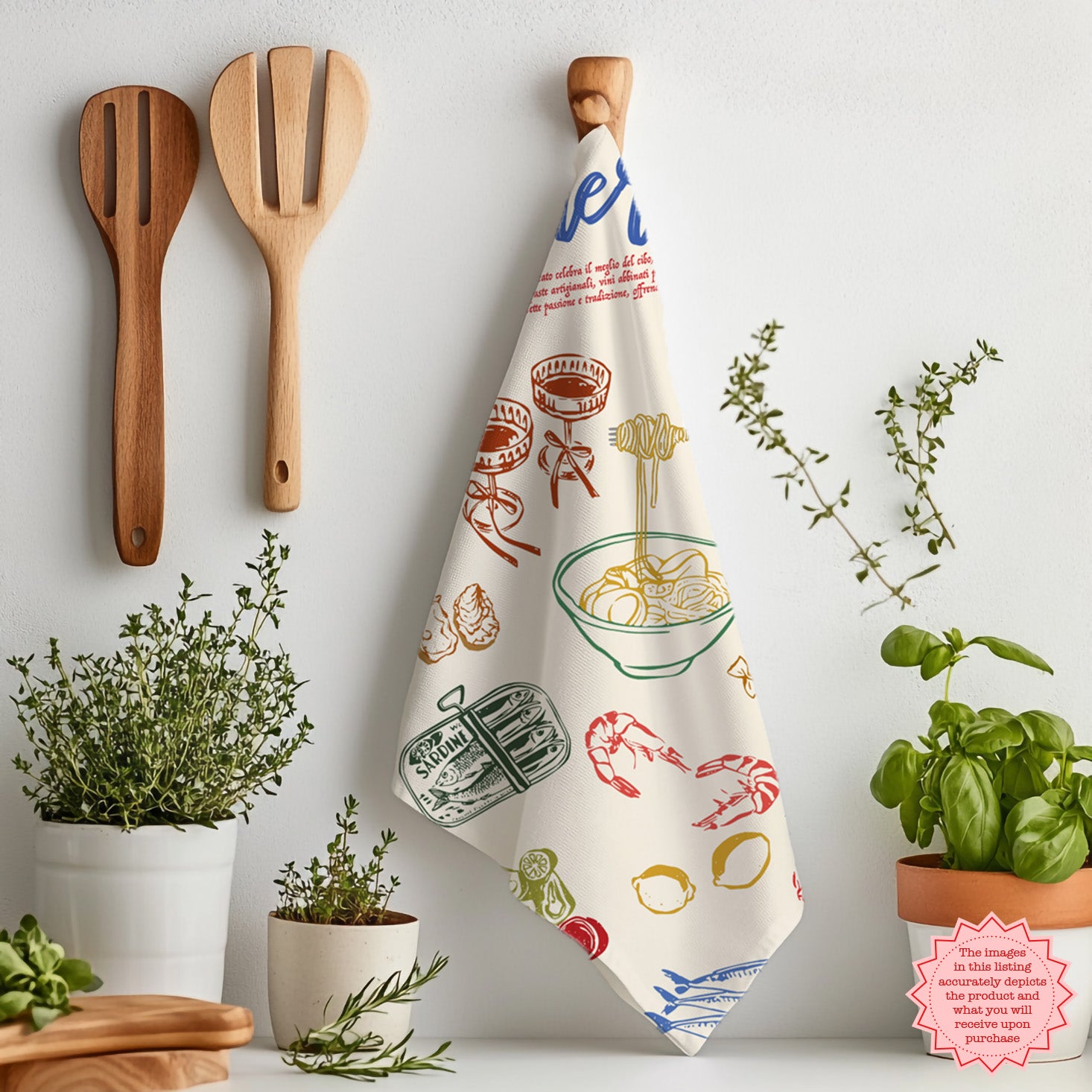 Italian Market Tea Towel – Cotton Kitchen Towel with Sardines & Lobster | Amalfi Coast Inspired, Fun Foodie Gift