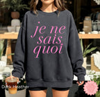 Model in dark heather Je Ne Sais Quoi sweatshirt, chic oversized Paris aesthetic outfit