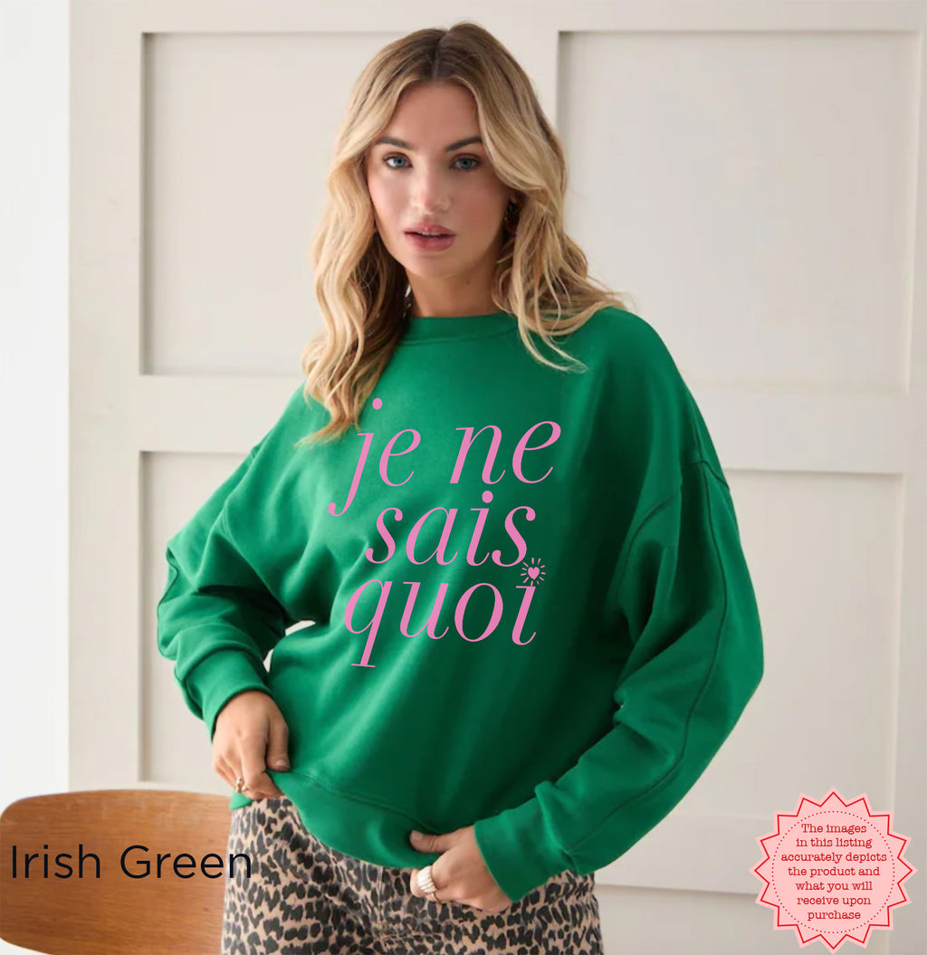 Woman wearing Irish green Je Ne Sais Quoi sweatshirt, cozy crewneck for stylish streetwear
