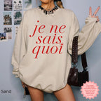 Sand color Je Ne Sais Quoi sweatshirt on model, oversized crewneck Paris aesthetic look