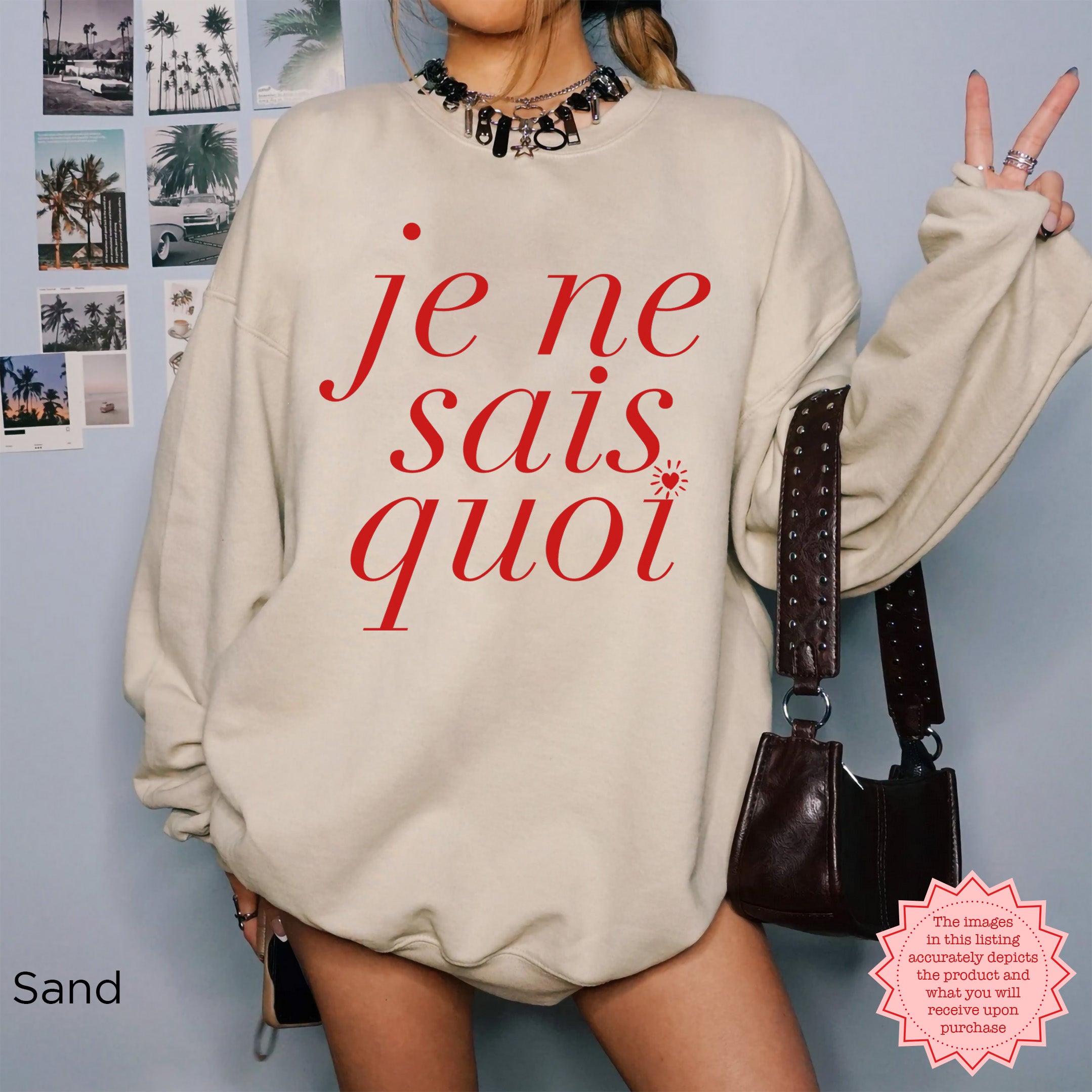Sand color Je Ne Sais Quoi sweatshirt on model, oversized crewneck Paris aesthetic look