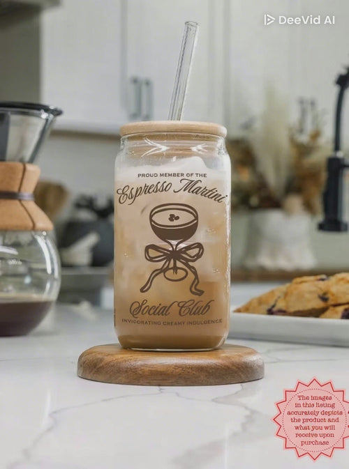 Elegant espresso martini themed glass cup with reusable straw for iced coffee lovers.