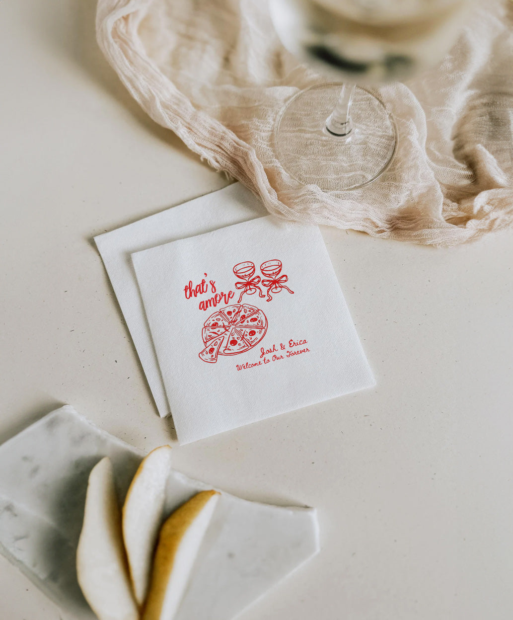 Custom Italian wedding cocktail napkin with Welcome to Our Forever design, personalized for a romantic celebration.